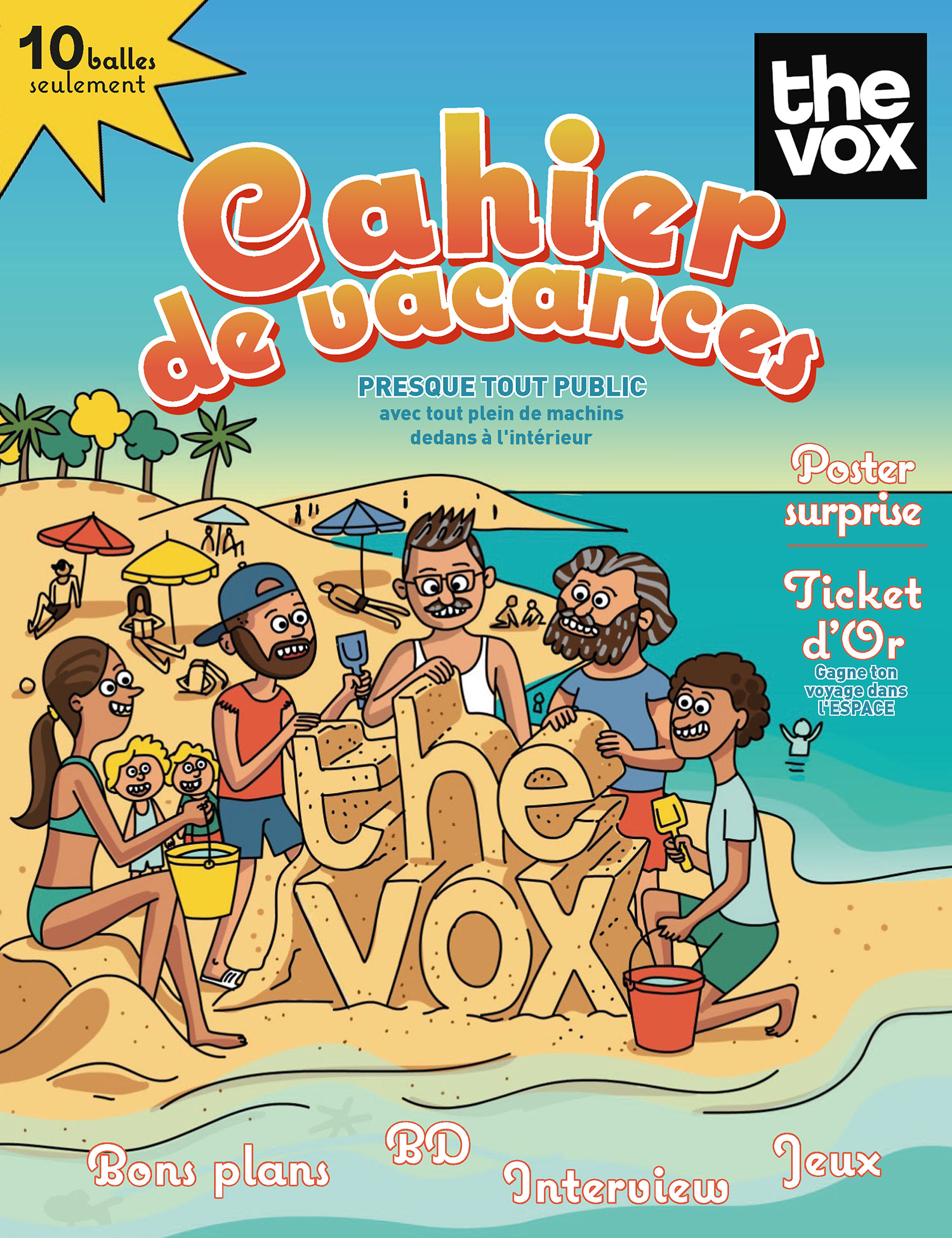 Couverture du Cahier de Vacances de The Vox : une famille construit un château de sable qui forme le logo the vox